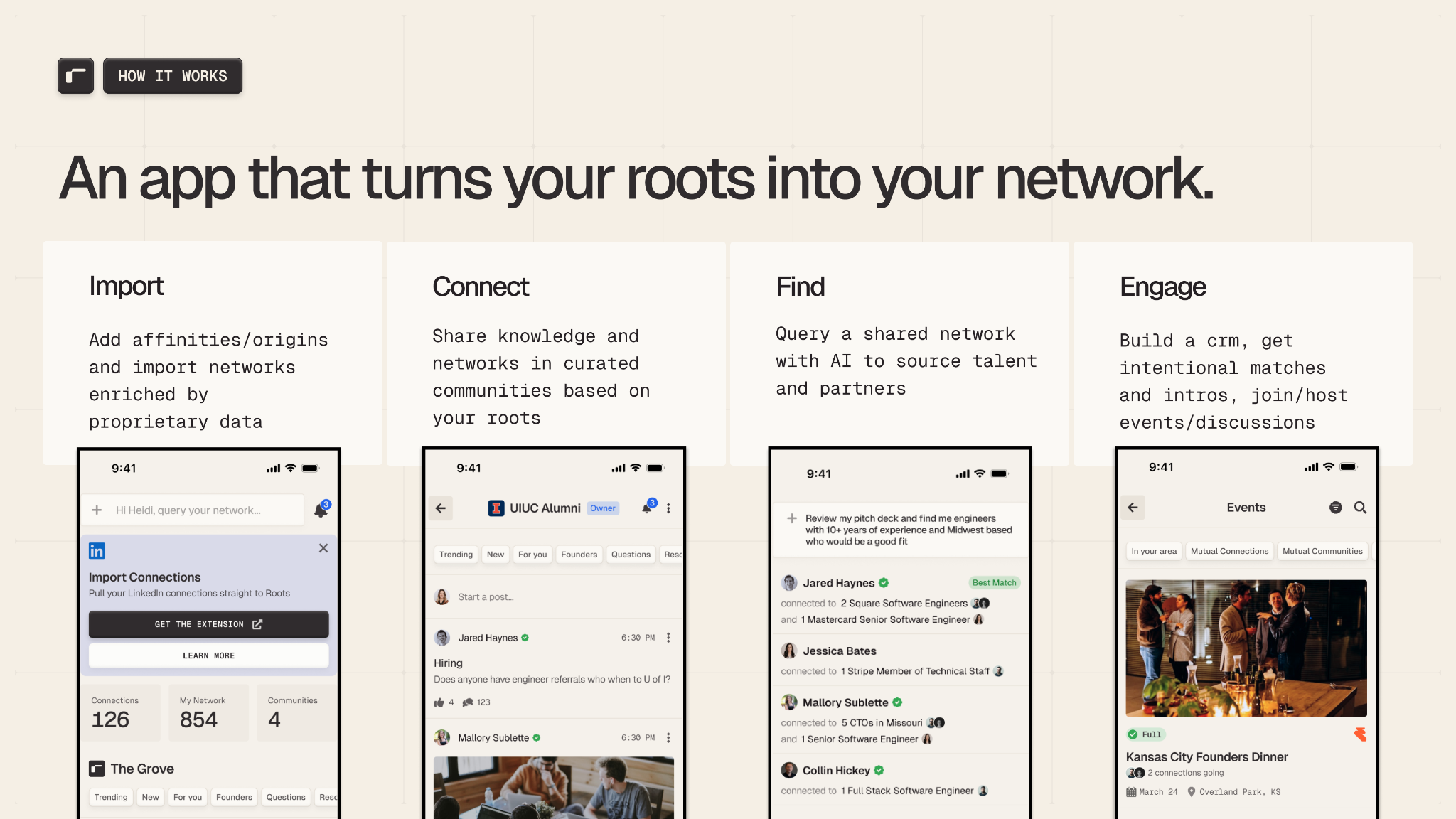 Four steps inside Roots: import, connect, find, and engage